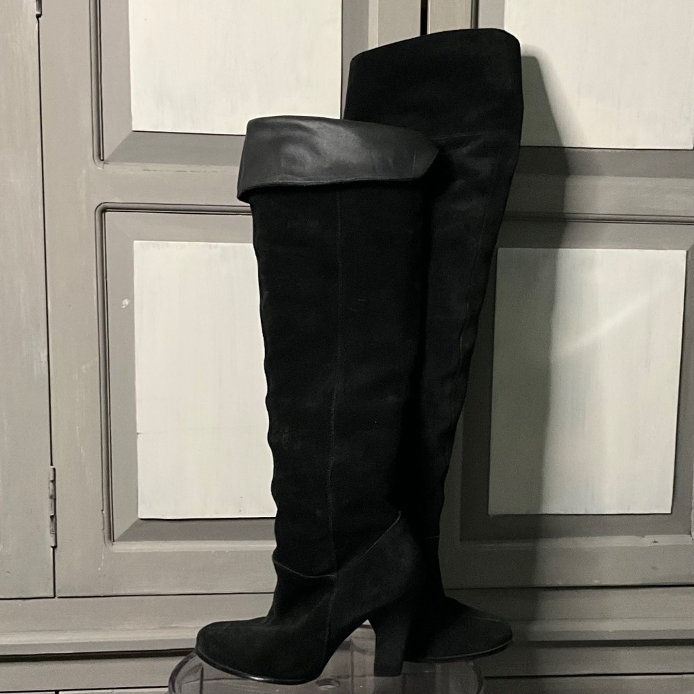 Black suede above knee boots zipper ankle closures